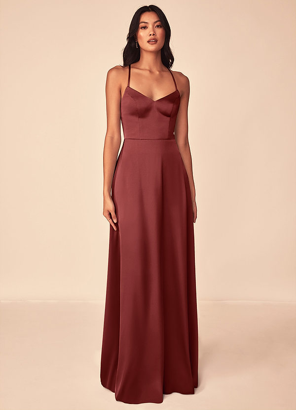 Azazie Mei Robes de demoiselle d'honneur Robe Trapèze en Satin extensible Col en V Terracotta image1