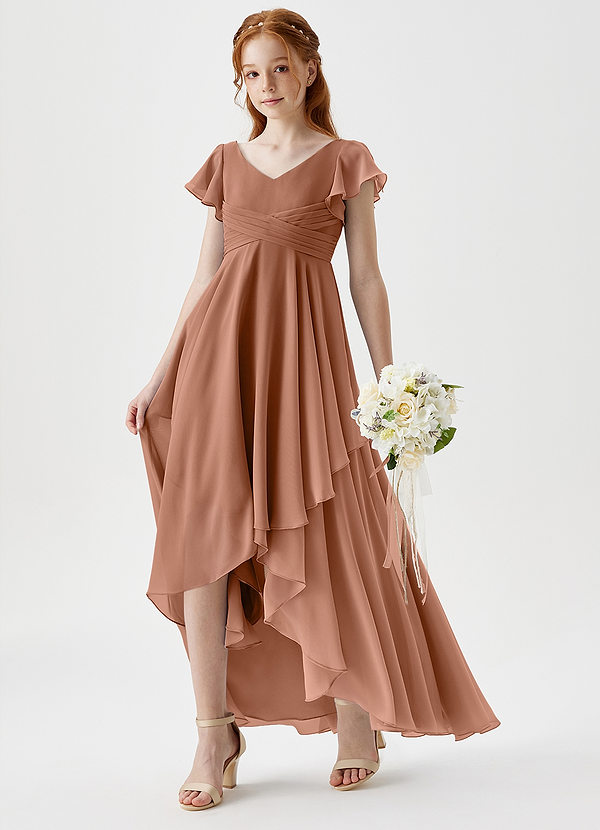 Azazie Caria Junior Robe Trapèze en Mousseline de soie Plissée Bronze image1