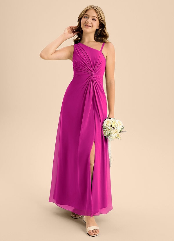 Azazie Brooke Junior Abito A-Line in Chiffon Spacco Laterale Fucsia image1