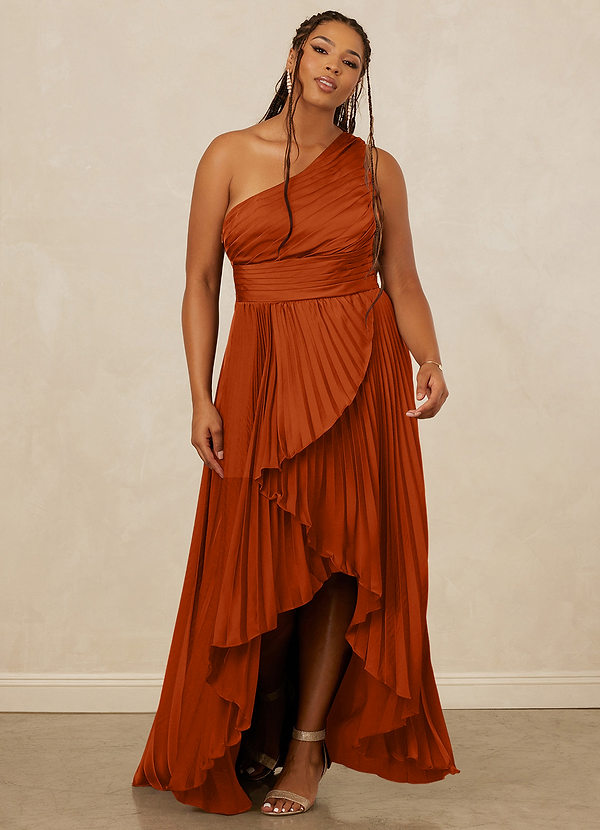 Christian Siriano Bridal for Azazie 1008 Bridesmaid Dresses Burnt Orange A-Line One Shoulder Stretch Satin Dress image1