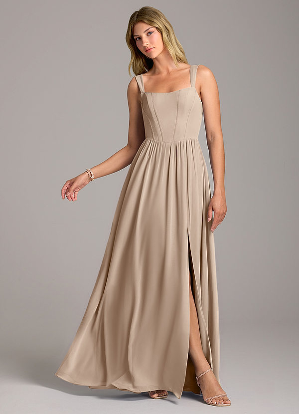 Azazie Rosaline Bridesmaid Dresses Taupe A-Line Side Slit Chiffon Dress image1