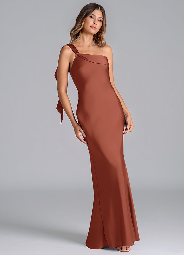 Azazie Driea Brudtärneklänningar Klä av Sjöjungfru i Stretch Satin Ena axeln Kastanjebrunt image1
