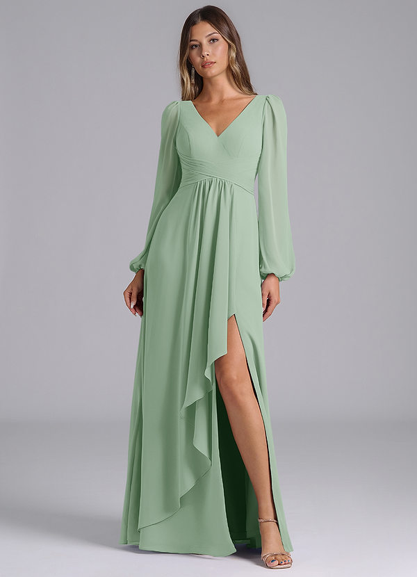 Azazie Liah Robes Demoiselle d'honneur Robe Trapèze en Mousseline de soie Manche longue Agave image1