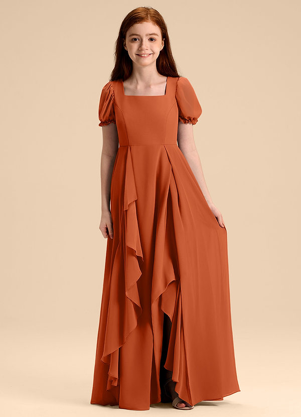 Azazie Priya Junior Burnt Orange A-Line Blouson Chiffon Dress image1