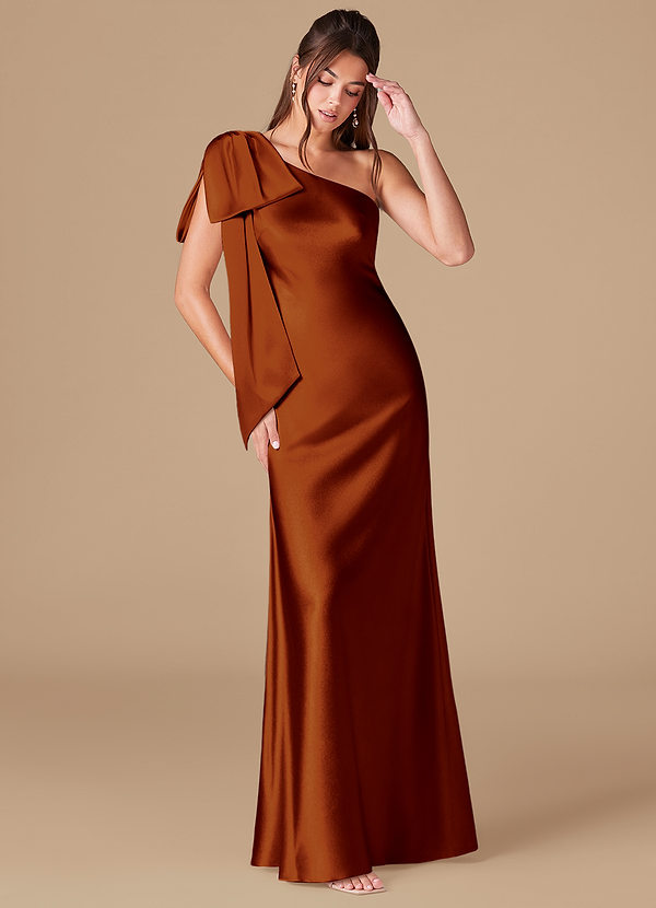 Azazie Capri Bridesmaid Dresses Auburn Sheath One Shoulder Metallic Satin Dress image1