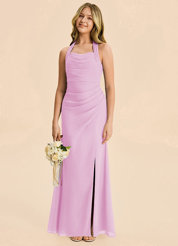 Azazie Destiny Junior Candy Pink Sheath Ruched Chiffon Dress image1