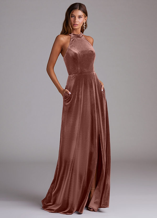 Azazie Larice Bridesmaid Dresses Rustic Rose A-Line with Pockets Velvet Dress image1