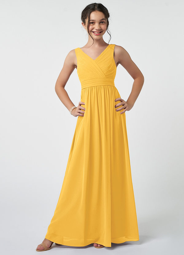 Azazie Kora Junior Marigold A-Line Pleated Chiffon Dress image1