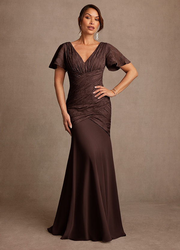 Azazie Jolene 신부의 어머니 드레스 인어 주름진 플로럴 번아웃 플로어 길이 드레스 image1