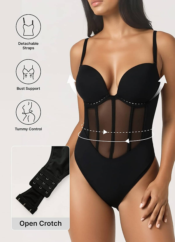 front Bodysuit med bøjle og ben og mesh-paneler, shapewear