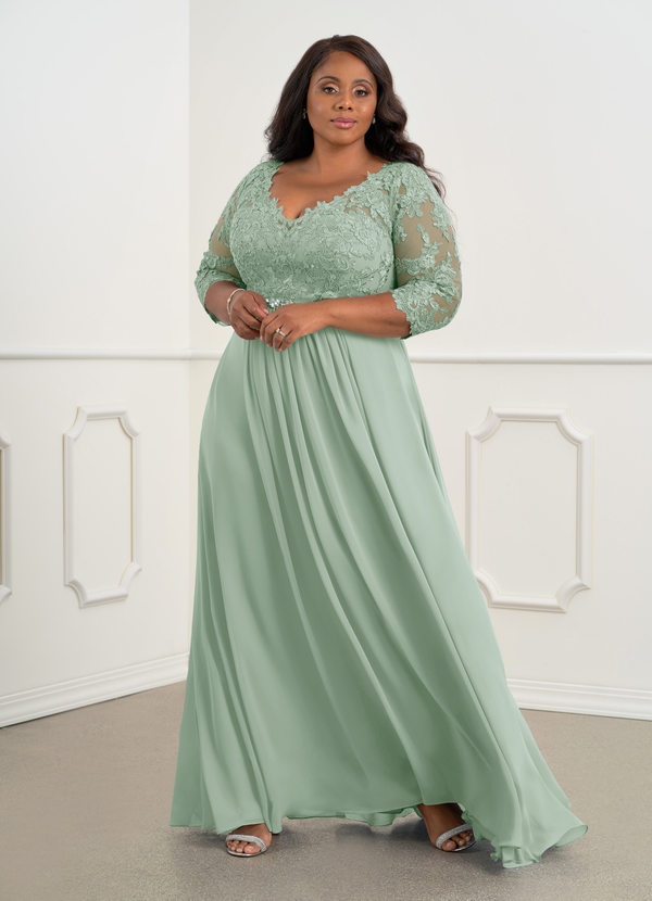 Azazie Hayek Mother of the Brides Dresses Agave A-Line V-Neck Lace Chiffon Dress image1