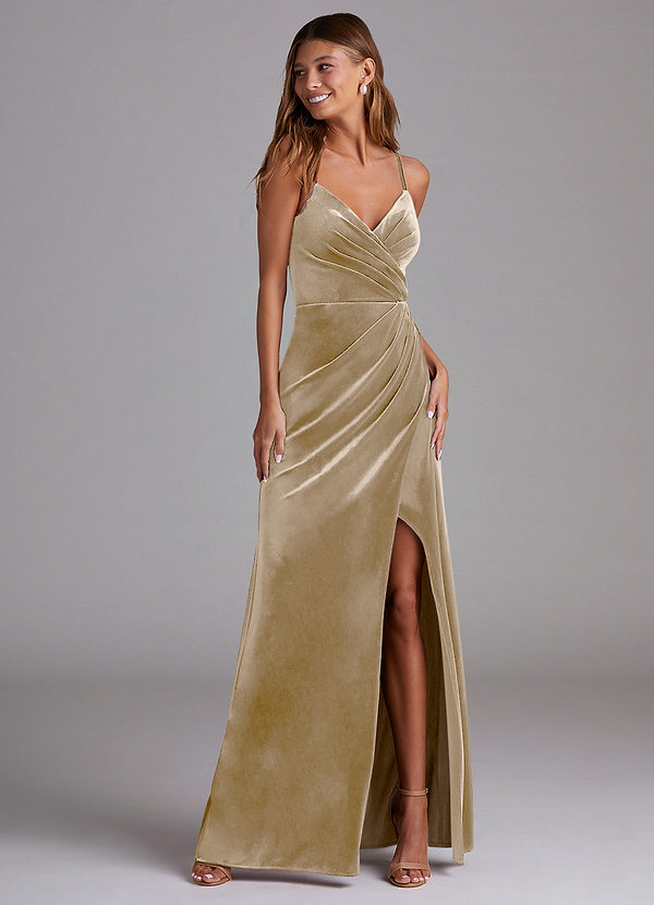 Azazie Maci Bridesmaid Dresses Golden Tan Sheath Pleated Velvet Dress image1