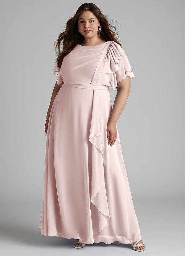 Azazie Aaliyah Schlichte Brautjungfernkleider A-Linie Schaufel Gefaltet Chiffon Bodenlänge Kleid image1