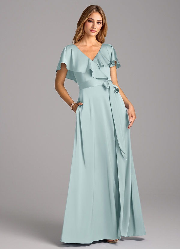 Azazie Lainey Robes Demoiselle d'honneur Robe Trapèze en Satin extensible avec poches Brume image1