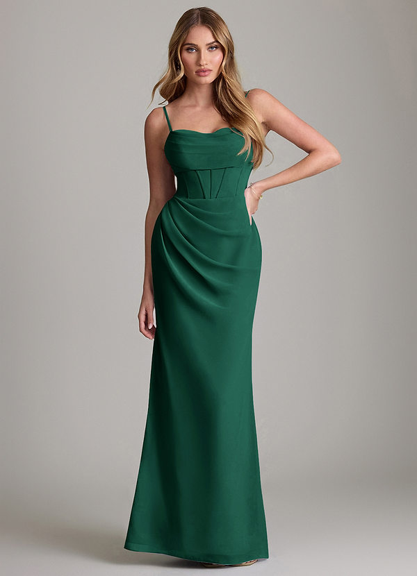 Azazie Mai Bridesmaid Dresses Emerald Sheath Pleated Chiffon Dress image1