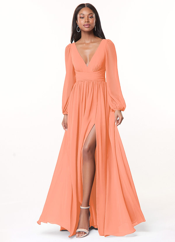 Azazie Norah Bridesmaid Dresses Sunset A-Line V-Neck Long Sleeve Chiffon Dress image1
