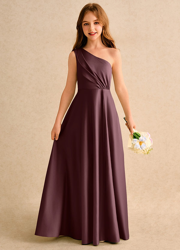 Azazie Puddles Girls Formal Flower Girl Dresses Sangria A-Line One Shoulder Matte Satin Dress image1