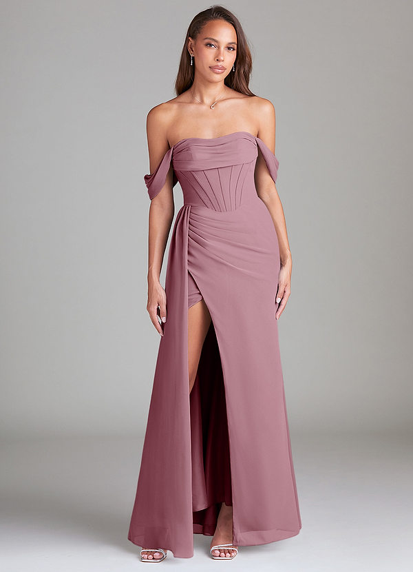 Azazie Amyra Bridesmaid Dresses Vintage Mauve Sheath Off the Shoulder Chiffon Convertible Dress image1