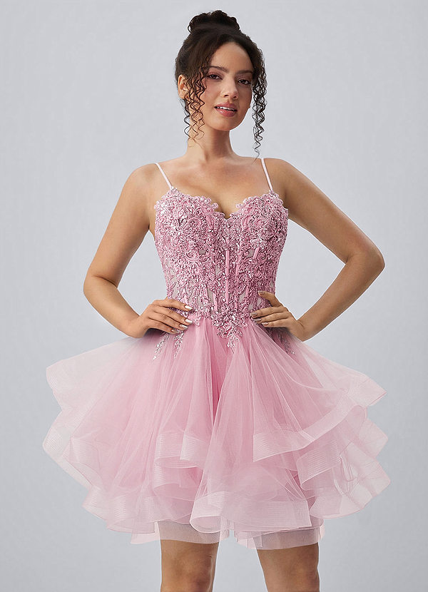 Katia Rosa Minivestido de tirantes finos con pedrería y tul con cordones image1