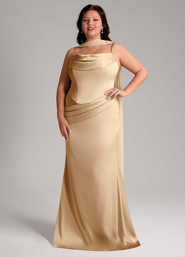 Azazie Sorrel Bridesmaid Dresses Champagne Mermaid Strapless Stretch Satin Convertible Dress image1