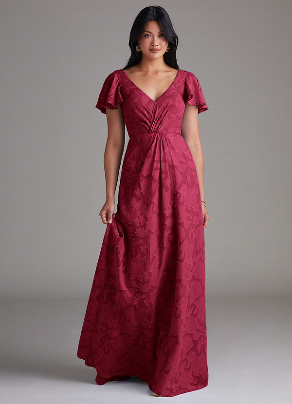 Azazie Soren Bridesmaid Dresses Burgundy A-Line Pleated Floral Burnout Dress image1