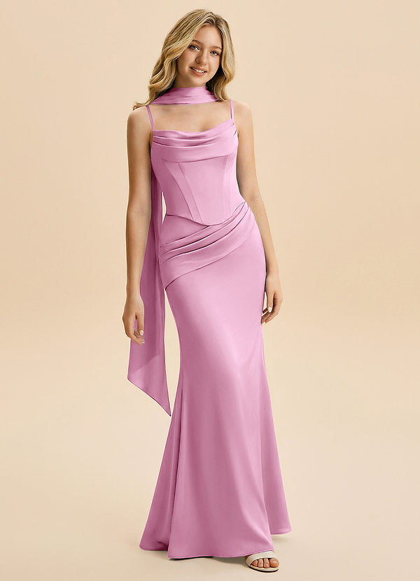 Azazie Sorrel Junior Candy Pink Mermaid Ruched Stretch Satin Dress image1