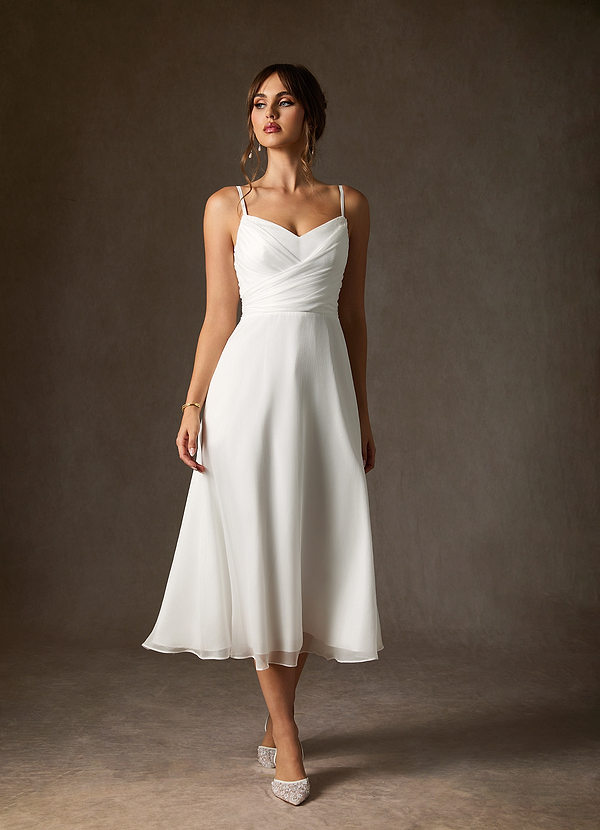 Azazie Kali Wedding Dresses Diamond White A-Line V-Neck Pleated Crinkle Chiffon Dress image1