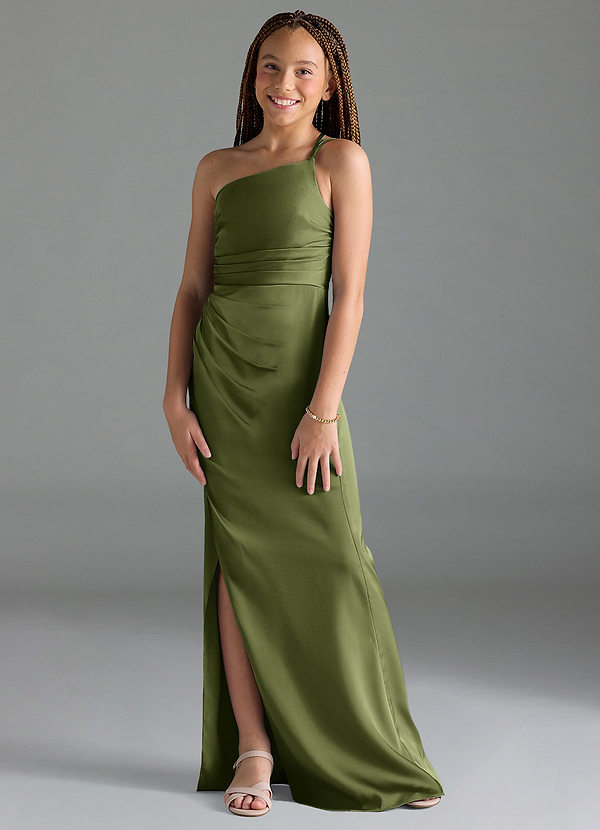Azazie Eren Junior Olive Sheath Pleated Stretch Satin Dress image1