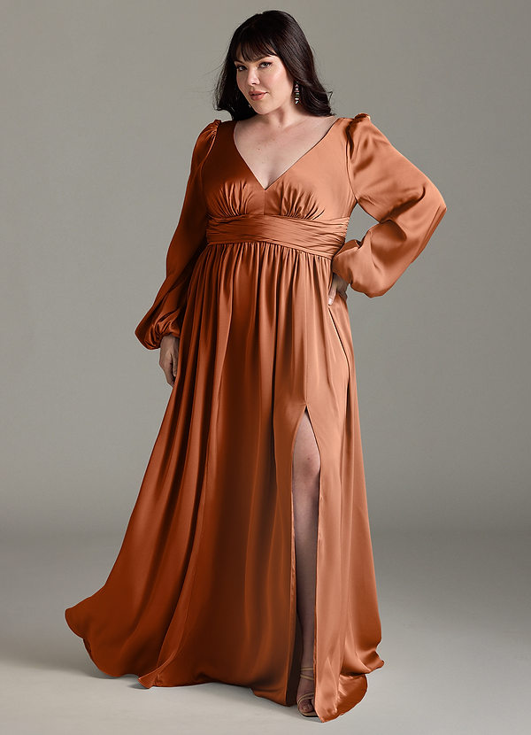 Azazie Norah Bridesmaid Dresses Copper A-Line Stretch Satin Dress image1