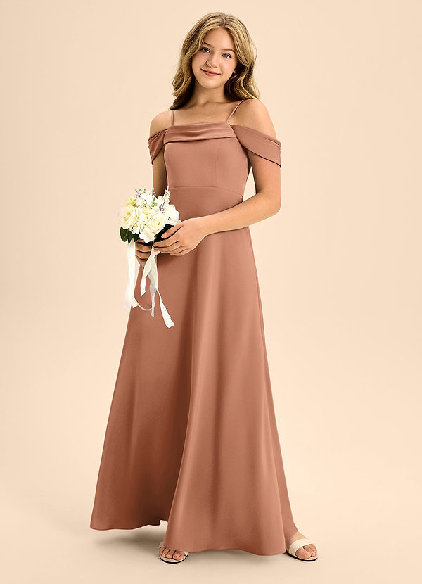 Azazie Anselie Junior Bronzer A-Line Off the Shoulder Stretch Satin Dress image1