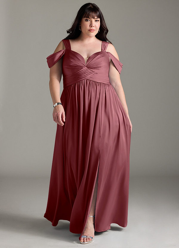 Azazie Lianne Bridesmaid Dresses Desert Rose A-Line Off the Shoulder Stretch Satin Dress image1