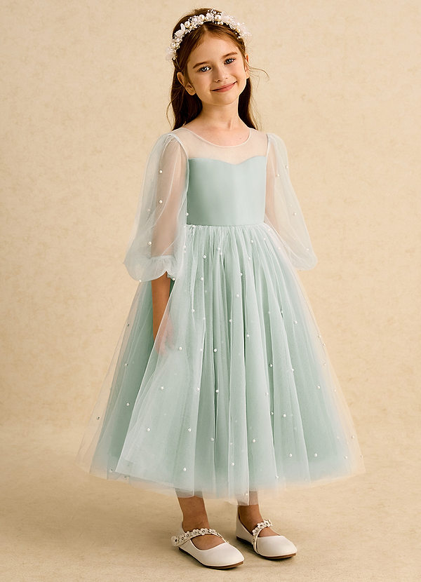 Azazie Trudy Blumenkinder Kleider Ballkleid Herzausschnitt Tüll Kleid Agave image1