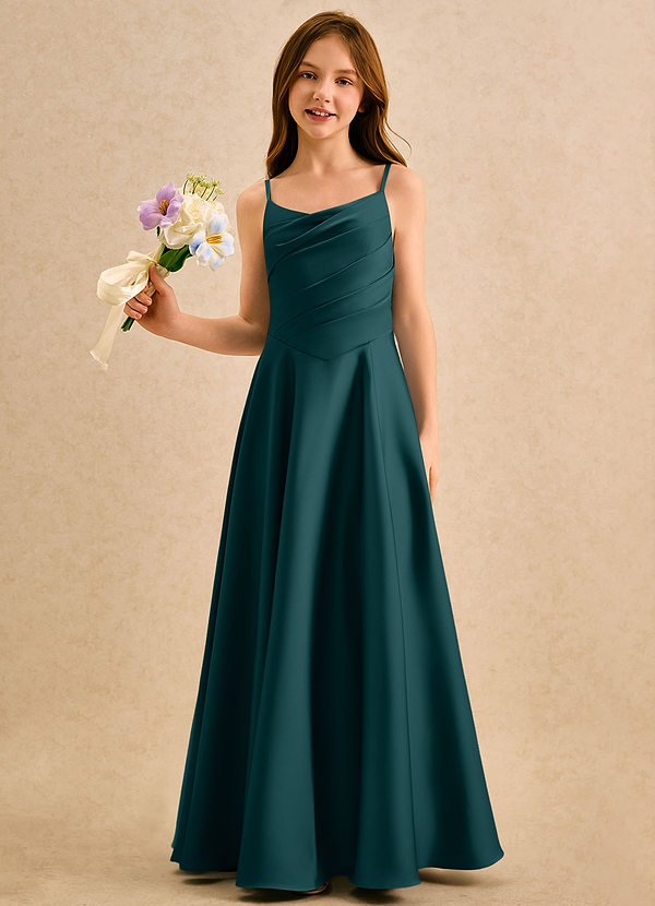 Azazie Coconut Girls Formal Flower Girl Dresses Pine A-Line Pleated Stretch Satin Dress image1