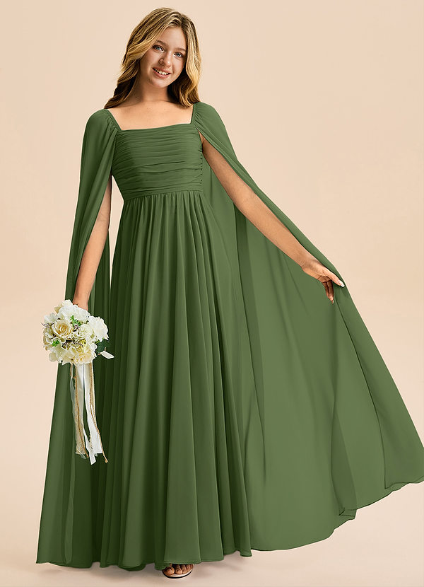 Azazie Calista Junior Olive A-Line Pleated Chiffon Dress image1