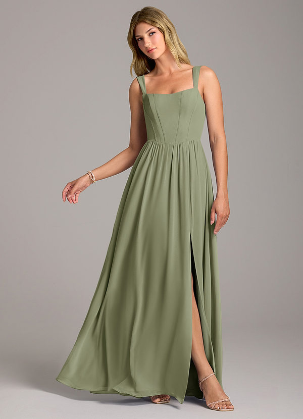 Azazie Rosaline Bridesmaid Dresses Pistachio A-Line Side Slit Chiffon Dress image1