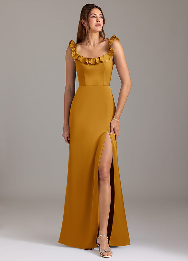 Azazie Callie Bridesmaid Dresses Butterscotch A-Line Ruched Stretch Satin Convertible Dress image1