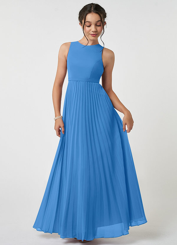 Azazie Lindie Junior Robe Trapèze en Mousseline de soie Plissée Geai Bleu image1
