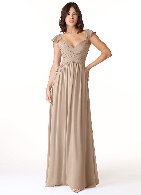 Azazie Lissa Bridesmaid Dresses Taupe A-Line Lace Chiffon Dress image1