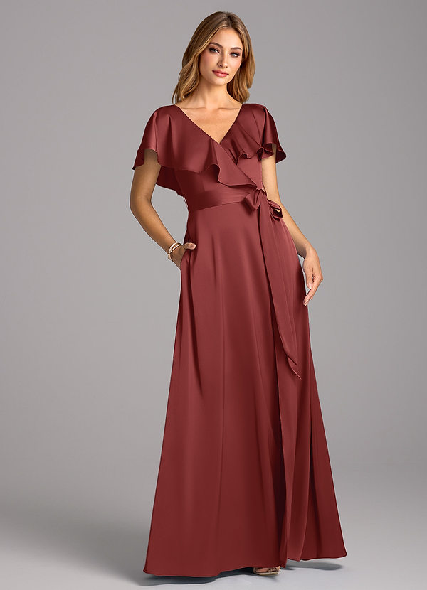 Azazie Lainey Bridesmaid Dresses Terracotta A-Line with Pockets Stretch Satin Dress image1