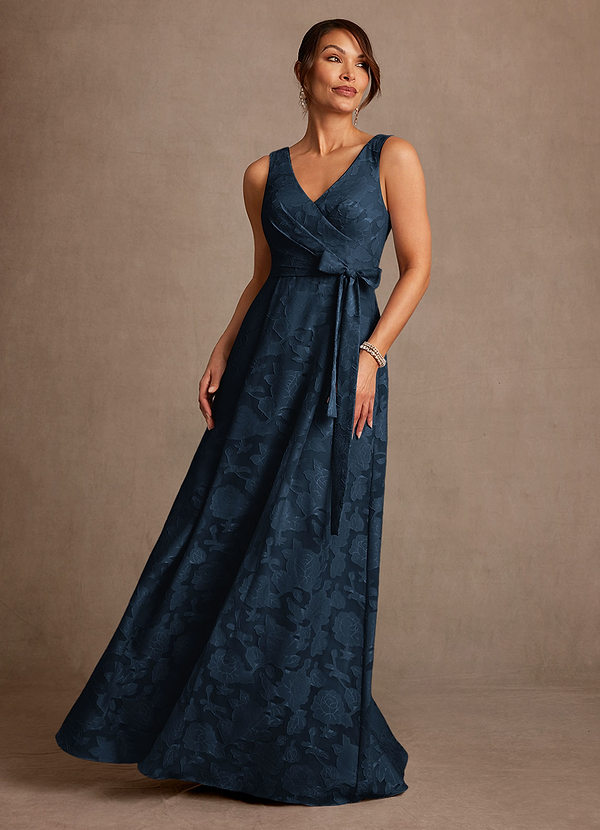 Azazie Luanne Mother of the Brides Dresses Dark Navy A-Line Pleated Floral Burnout Dress image1