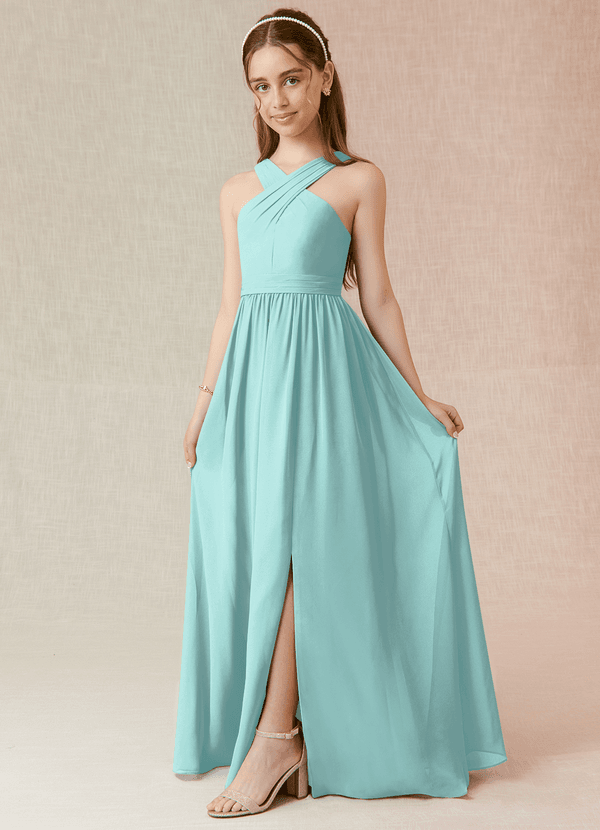 Azazie Jiya Junior Abito A-Line in Chiffon Plissettato Acqua image1