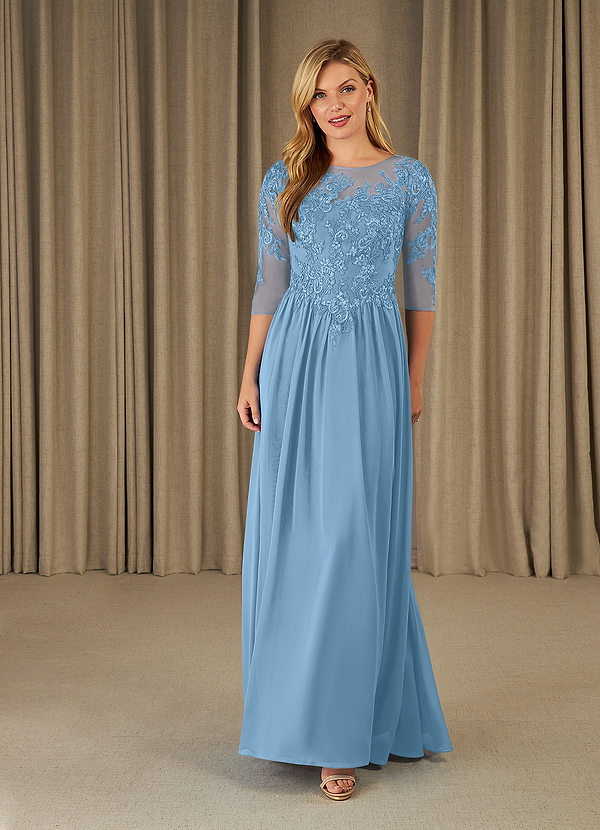 Azazie Mirielle Brautmutterkleider A-Linie Schaufel Spitze Chiffon Kleid Stahlblau image1