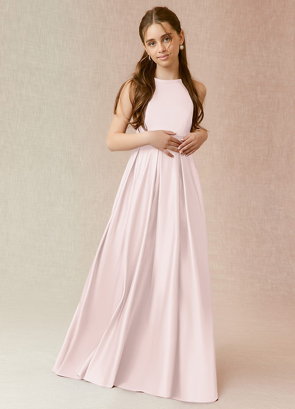 Azazie Arianthe Junior Blushing Pink A-Line with Pockets Matte Satin Dress image1