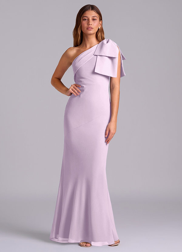 Azazie Yuanna 신부 들러리 드레스 인어 한쪽 어깨 쉬폰 바닥 길이 드레스 image1