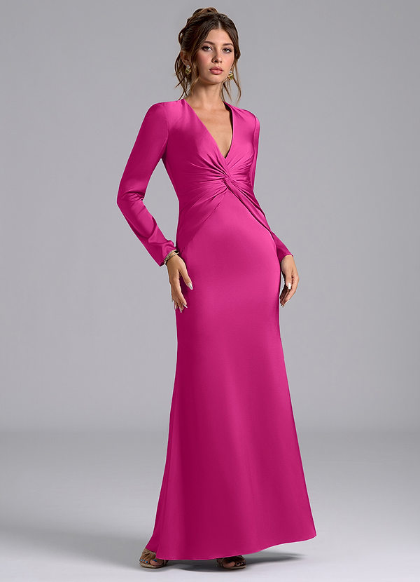 Azazie Valerie Bruidsmeisjes Jurken Jurk van Stretch Satijn met Zeemeermin Lange mouw Fuchsia image1