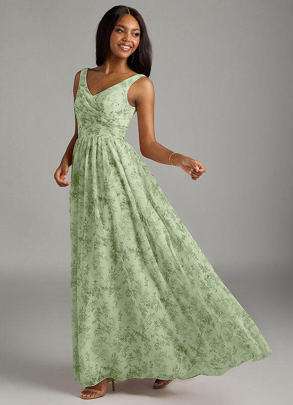 Azazie Keyla Bridesmaid Dresses Green Fern Floral A-Line V-Neck Pleated Chiffon Dress image1