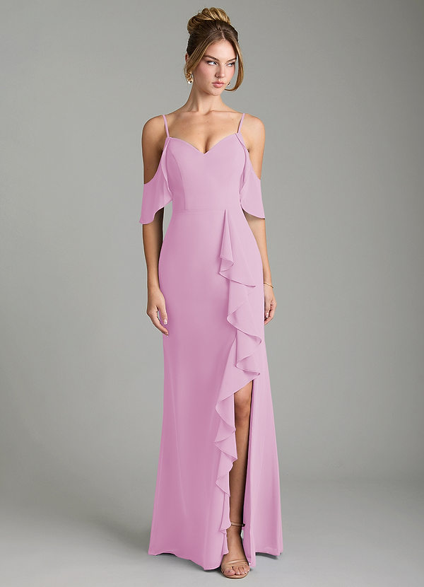 Azazie Alexys Bridesmaid Dresses Candy Pink Sheath Off the Shoulder Chiffon Dress image1