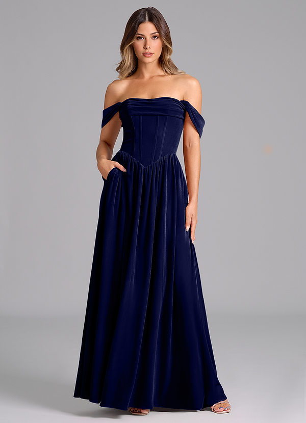 Azazie Hattie Robes Demoiselle d'honneur Robe Trapèze en velours Rayé Bleu Marine Foncé image1