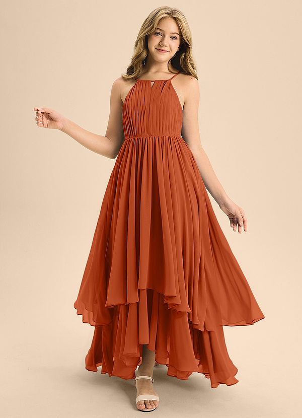 Azazie Elliora Junior A-Linie Plissee Chiffon Kleid Gebranntes Orange image1
