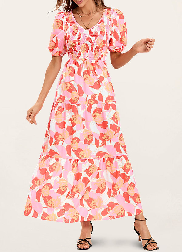 back Dans mes rèves Imprimé Floral Orange Robe longue à manches courtes